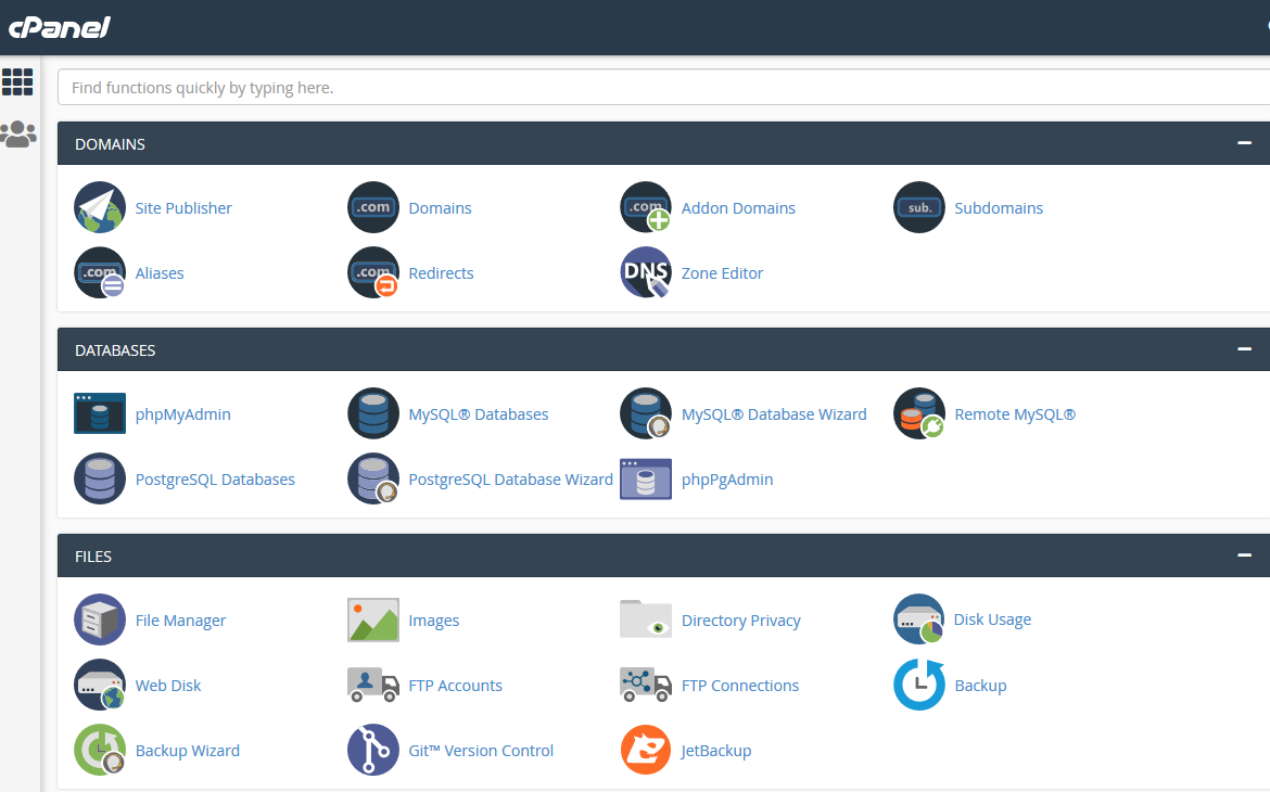 cPanel control panel interface